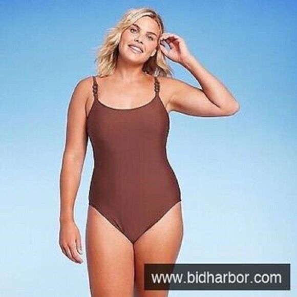 Kona Sol Women's Chain Link Medium Coverage One Piece Swimsuit Brown - Picture 2 of 3